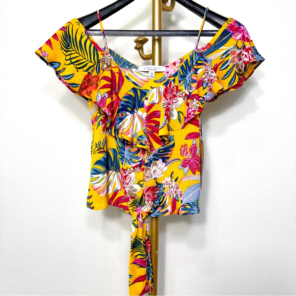 Sweet Rain Multi Tropical Florals Off Shoulder Ruffled Tie Front Cropped Top, XS